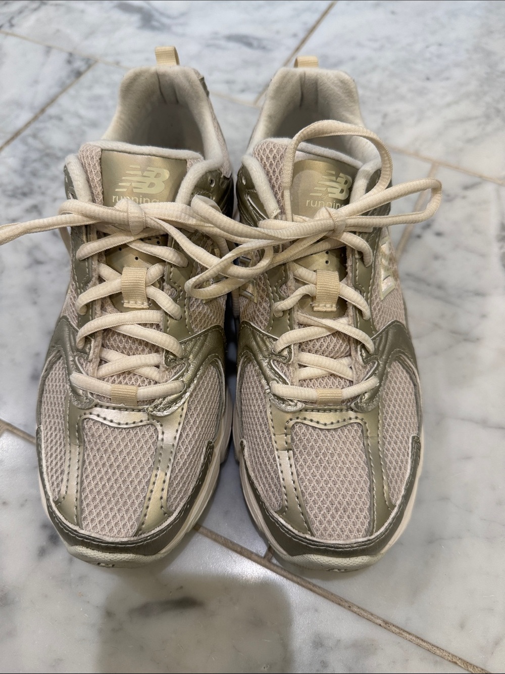 New Balance Running Sneakers in Metallic Silver & Cream - Picture 2 of 6